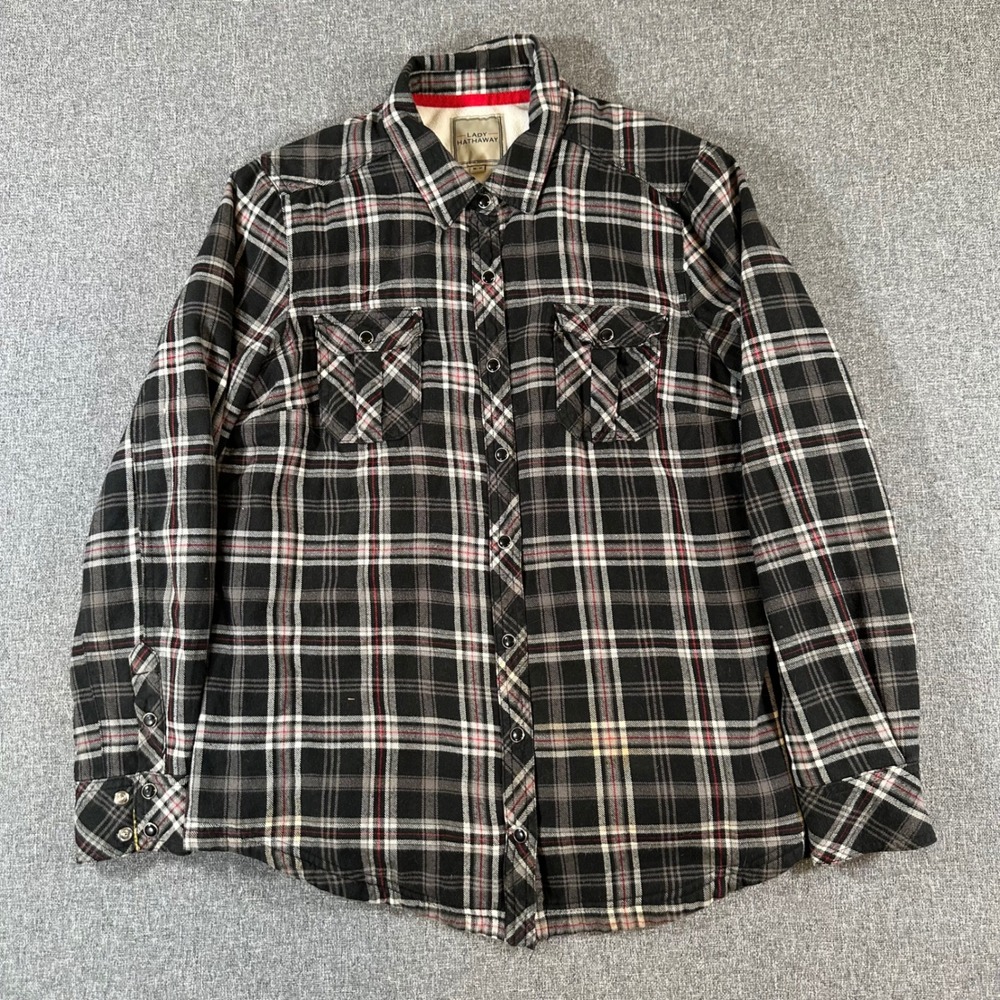 Lady Hathaway Womens Fleece Lined Flannel Shirt Plaid Black White Red Size M